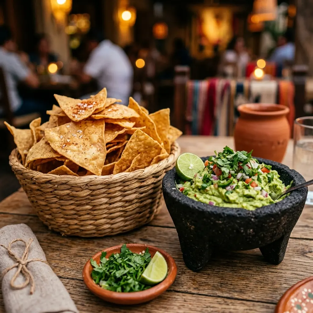 Sample chips and guacamole used as restaurant template placeholder imagery